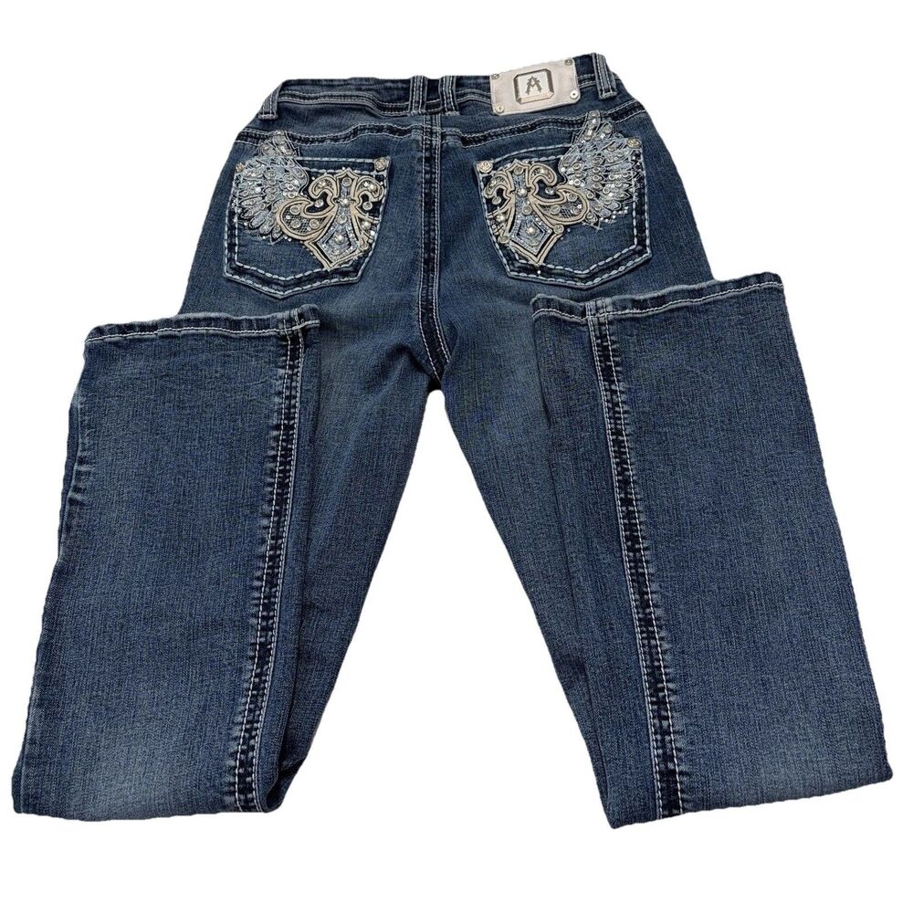 Y2K Rhinestone Bootcut Jeans Women 30x30 Miss Me Style Flap Pocket Thick Stitch